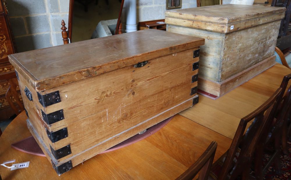 Two Victorian rectangular pine trunks, larger width 94cm, depth 53cm, height 52cm